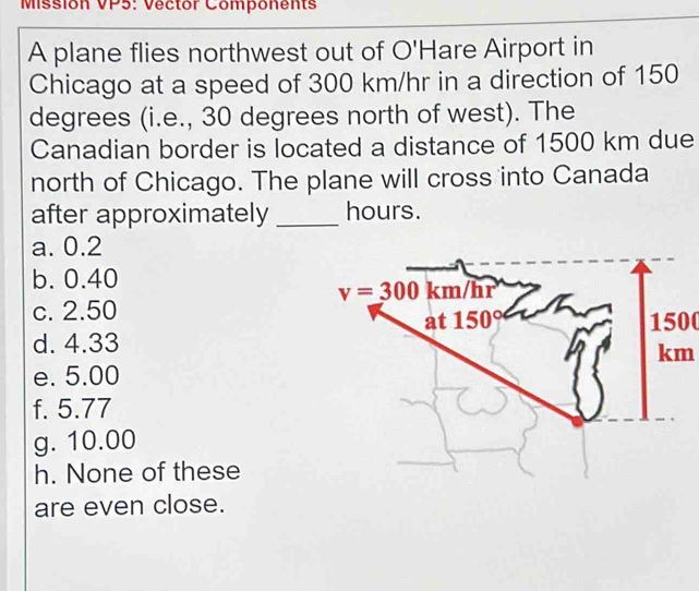 Missión VP5: Vector Components
A plane flies northwest out of O'Hare Airport in
Chicago at a speed of 300 km/hr in a direction of 150
degrees (i.e., 30 degrees north of west). The
Canadian border is located a distance of 1500 km due
north of Chicago. The plane will cross into Canada
after approximately _hours.
a. 0.2
b. 0.40
c. 2.501500
d. 4.33
km
e. 5.00
f. 5.77
g. 10.00
h. None of these
are even close.