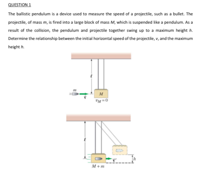 The ballistic pendulum is a device used to measure the speed of a projectile, such as a bullet. The
projectile, of mass m, is fired into a large block of mass M, which is suspended like a pendulum. As a
result of the collision, the pendulum and projectile together swing up to a maximum height h.
Determine the relationship between the initial horizontal speed of the projectile, v, and the maximum
height h.
h
M+m