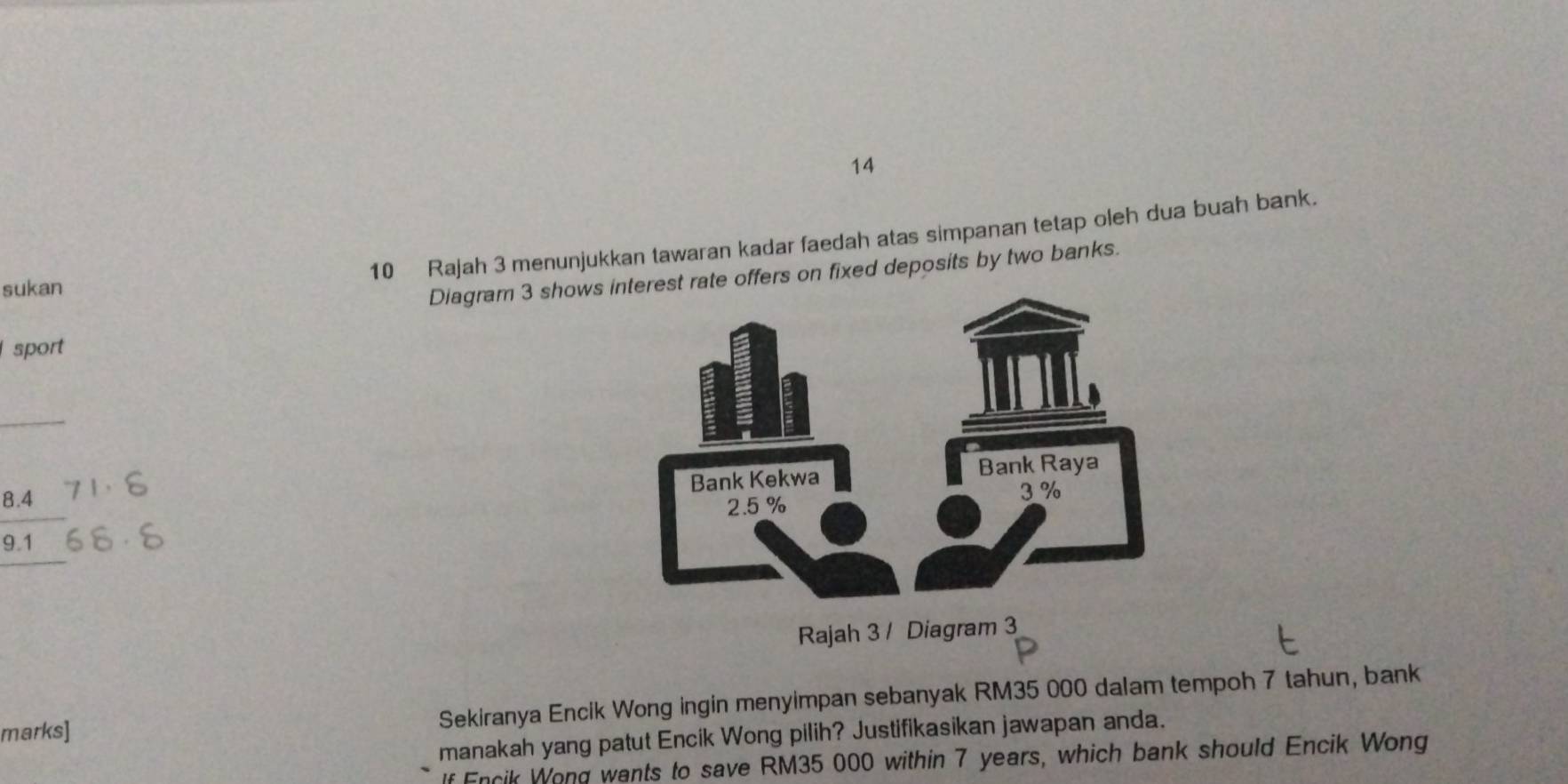 14 
10 Rajah 3 menunjukkan tawaran kadar faedah atas simpanan tetap oleh dua buah bank. 
sukan 
Diagram 3 shows t rate offers on fixed deposits by two banks. 
sport
8.4
9.1 
Rajah 3 / Diagram 3 
marks] Sekiranya Encik Wong ingin menyimpan sebanyak RM35 000 dalam tempoh 7 tahun, bank 
manakah yang patut Encik Wong pilih? Justifikasikan jawapan anda. 
If Encik Wong wants to save RM35 000 within 7 years, which bank should Encik Wong