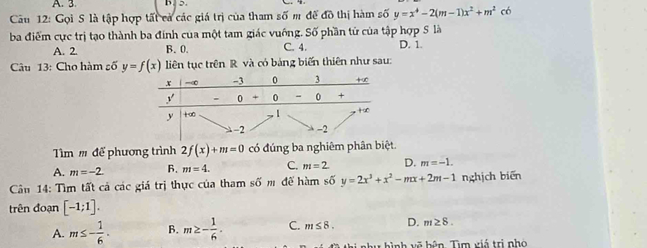 3. B. >.
Câu 12: Gọi S là tập hợp tất cả các giá trị của tham số m đề đô thị hàm số y=x^4-2(m-1)x^2+m^2 có
ba điểm cực trị tạo thành ba đính của một tam giác vuống. Số phần tử của tập hợp S là
A. 2. B. 0. C. 4. D. 1.
Câu 13: Cho hàm số y=f(x) liên tục trên R và có bảng biến thiên như sau:
Tìm m để phương trình 2f(x)+m=0 có đúng ba nghiêm phân biệt.
A. m=-2. B. m=4. C. m=2 D. m=-1. 
Câu 14: Tìm tất cả các giá trị thực của tham số m để hàm số y=2x^3+x^2-mx+2m-1 nghịch biēn
trên đoạn [-1;1].
A. m≤ - 1/6 . B. m≥ - 1/6 . C. m≤ 8. D. m≥ 8. 
w hình võ bên, Tìm viá trị nhó