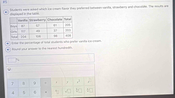 #5 
Students were asked which ice cream flavor they preferred between vanilla, strawberry and chocolate. The results are 
displayed in the table. 
() Enter the percentage of total students who prefer vanilla ice cream. 
) Round your answer to the nearest hundredth.
1%
:
7 8 9 + x y x^2 x^(□)
4 5 6 × x_□  sqrt(□ ) sqrt[3](□ ) sqrt[n](□ )