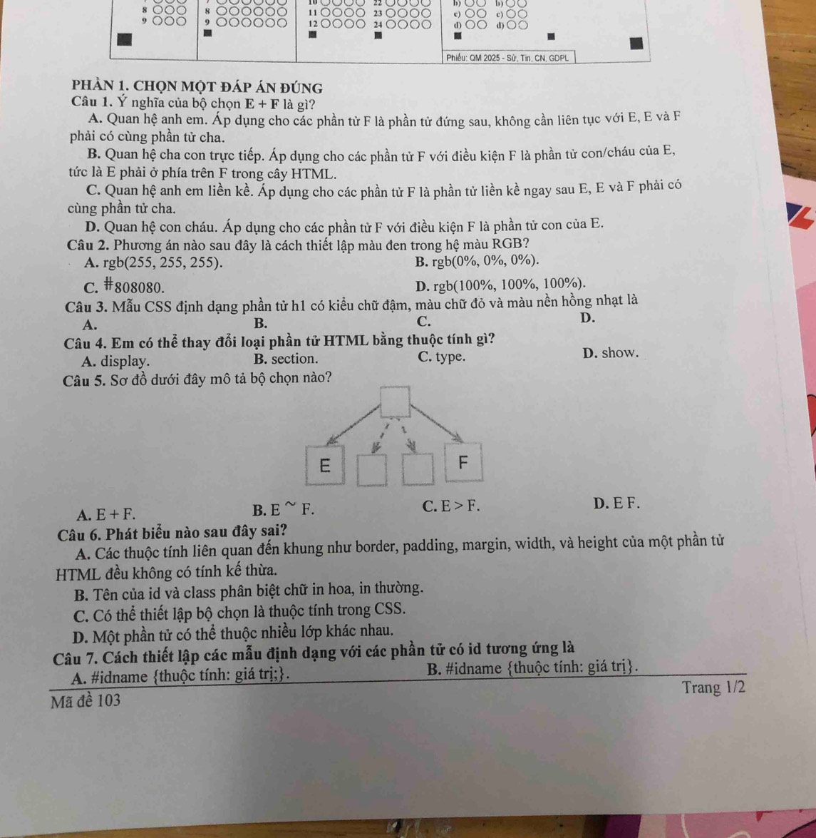 ) b)∪
pHÀN 1. CHọN MỌT đáp áN đúng
Câu 1. Ý nghĩa của bộ chọn E+F là gì?
A. Quan hệ anh em. Áp dụng cho các phần từ F là phần tử đứng sau, không cần liên tục với E, E và F
phải có cùng phần tử cha.
B. Quan hệ cha con trực tiếp. Áp dụng cho các phần tử F với điều kiện F là phần tử con/cháu của E,
tức là E phải ở phía trên F trong cây HTML.
C. Quan hệ anh em liền kề. Áp dụng cho các phần tử F là phần tử liền kề ngay sau E, E và F phải có
cùng phần tử cha.
D. Quan hhat e con cháu. Áp dụng cho các phần tử F với điều kiện F là phần tử con của E.
Câu 2. Phương án nào sau đây là cách thiết lập màu đen trong hệ màu RGB?
A. rgb(255,255,255). B. rgb(0% ,0% ,0% ).
C. #808080. D. rgb(100% , 100%, 100%).
Câu 3. Mẫu CSS định dạng phần tử h1 có kiều chữ đậm, màu chữ đỏ và màu nền hồng nhạt là
A.
B.
C.
D.
Câu 4. Em có thể thay đổi loại phần tử HTML bằng thuộc tính gì?
A. display. B. section. C. type. D. show.
Câu 5. Sơ đồ dưới đây mô tả bộ chọn nào?
A. E+F. B. E^(sim)F. D. E F.
Câu 6. Phát biểu nào sau đây sai?
A. Các thuộc tính liên quan đến khung như border, padding, margin, width, và height của một phần tử
HTML đều không có tính kế thừa.
B. Tên của id và class phân biệt chữ in hoa, in thường.
C. Có thể thiết lập bộ chọn là thuộc tính trong CSS.
D. Một phần tử có thể thuộc nhiều lớp khác nhau.
Câu 7. Cách thiết lập các mẫu định dạng với các phần tử có id tương ứng là
A. #idname thuộc tính: giá trị;.  B. #idname thuộc tính: giá trị.
Mã đề 103 Trang 1/2