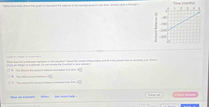 Tasha incorrectly draws this graph to represent the balance in her savings account over time. Answer parts a through c.
ye an n noye o a voual 
What does the y-intercept represent in this situation? Select the correct choice below and fill in the answer box to complete your choice
(Type an inleger or a decimal. Do not include the $ symbol in your answer.)
A. The amount the account balance decreased over time, $ ^
B. The initial account balance, $ □
C. The amount the account balance increased over time, □ 
View an example Video Get more help - Clear all Check answer