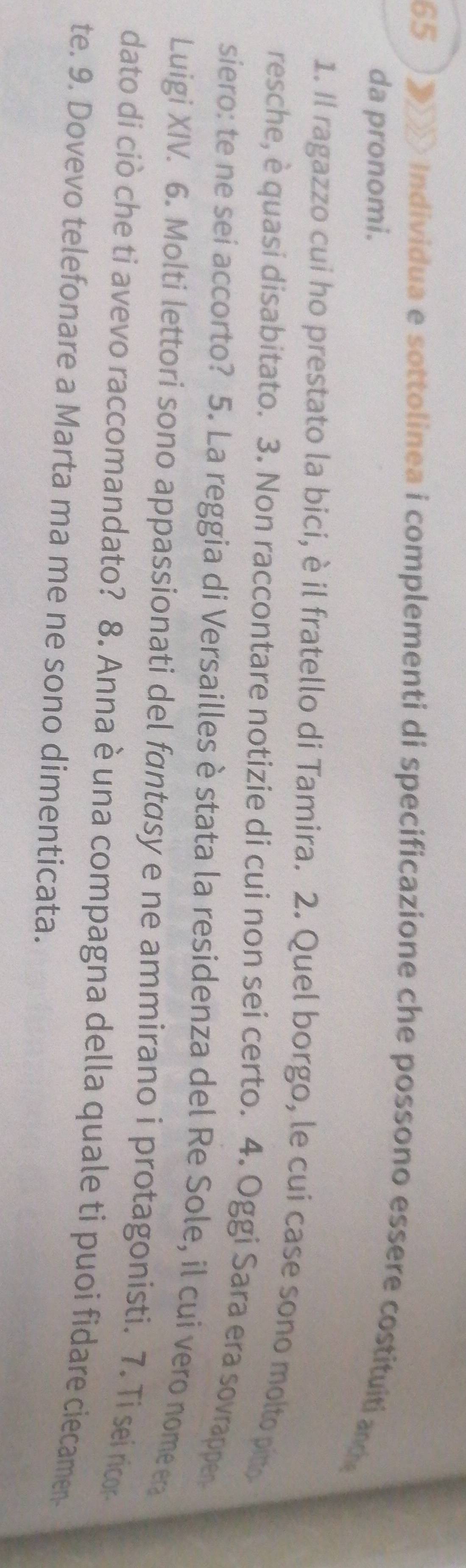 65 0 Individua e sottolinea i complementi di specificazione che possono essere costituiti and 
da pronomi. 
1. Il ragazzo cui ho prestato la bici, è il fratello di Tamira. 2. Quel borgo, le cui case sono molto pito 
resche, è quasi disabitato. 3. Non raccontare notizie di cui non sei certo. 4. Oggi Sara era sovrappen 
siero: te ne sei accorto? 5. La reggia di Versailles è stata la residenza del Re Sole, il cui vero nome era 
Luigi XIV. 6. Molti lettori sono appassionati del fantasy e ne ammirano i protagonisti. 7. Ti sei ricor 
dato di ciò che ti avevo raccomandato? 8. Anna è una compagna della quale ti puoi fidare ciecamen 
te. 9. Dovevo telefonare a Marta ma me ne sono dimenticata.