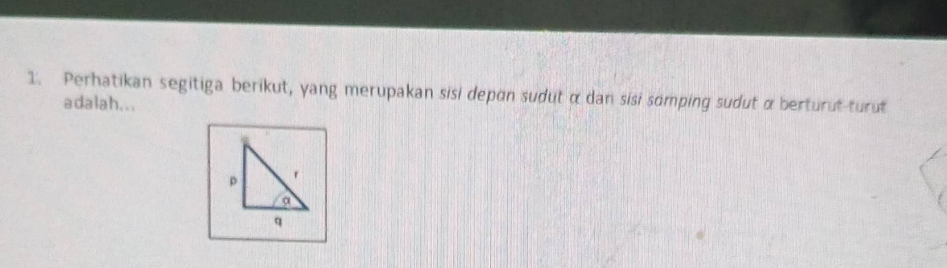 Perhatikan segitiga berikut, yang merupakan sisi depon sudut α dan sisi somping sudut α berturut-turut 
adalah...