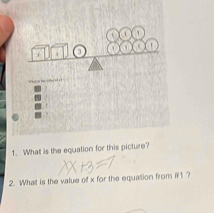 What is the equation for this picture? 
2. What is the value of x for the equation from #1 ?