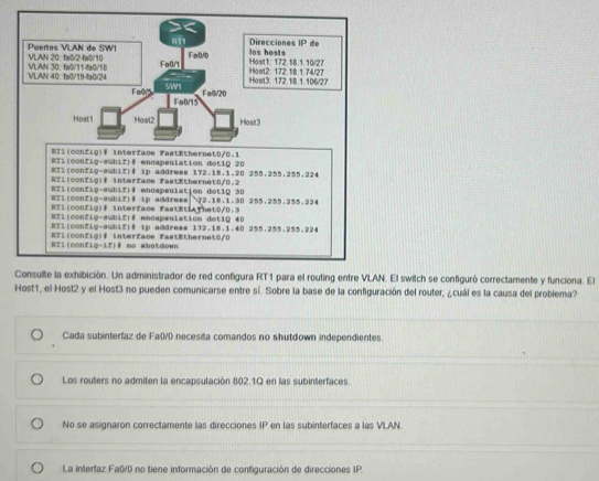 El switch se configuró correctamente y funciona. El
Host1, el Host2 y el Host3 no pueden comunicarse entre sí. Sobre la base de la configuración del router, ¿cuál es la causa del problema?
Cada subinterfaz de Fa0/0 necesita comandos no shutdown independientes.
Los routers no admiten la encapsulación 802.1Q en las subinterfaces.
No se asignaron correctamente las direcciones IP en las subinterfaces a las VLAN.
La interfaz Fa0/0 no tiene información de configuración de direcciones IP.