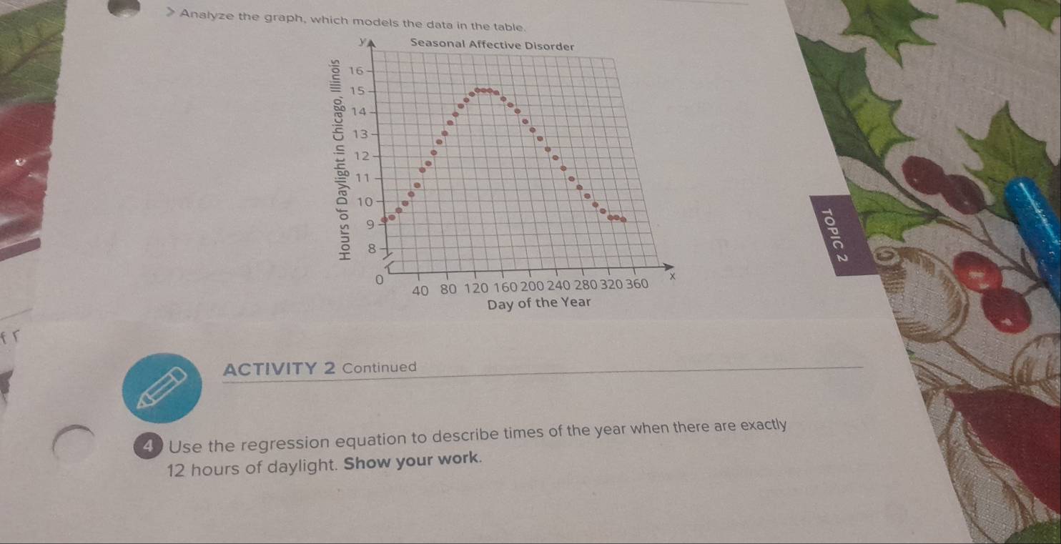 > Analyze the graph, which models the data in the table.
y Seasonal Affective Disorder
16
15
14
13
12
11
10.
9 do
8
0
40 80 120 160 200 240 280 320 360 × 
Day of the Year
ACTIVITY 2 Continued 
4) Use the regression equation to describe times of the year when there are exactly
12 hours of daylight. Show your work.