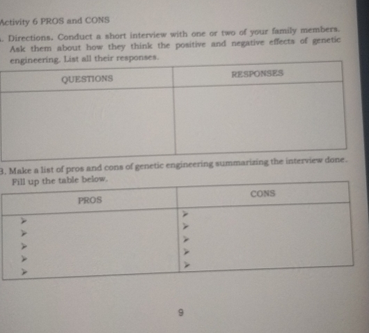 Activity 6 PROS and CONS 
. Directions, Conduct a short interview with one or two of your family members. 
Ask them about how they think the positive and negative effects of genetic 
. 
3. Make a list of pros and cons of genetic enginee 
9