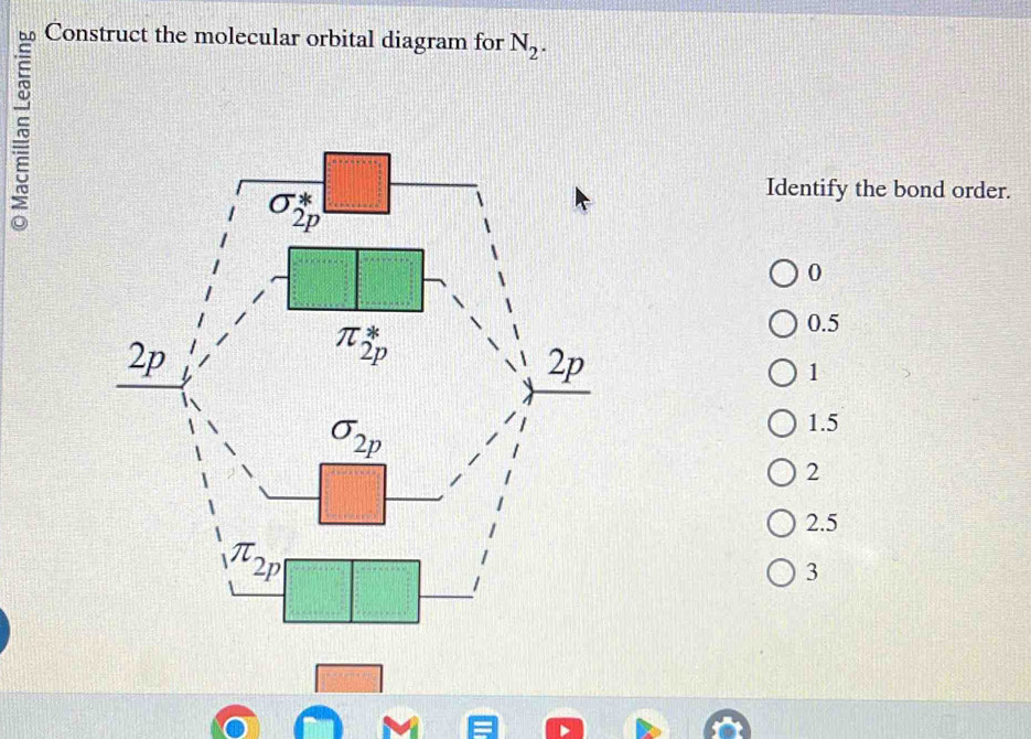 Construct the molecular orbital diagram for N_2.
Identify the bond order.
0
0.5
1
1.5
2
2.5
3