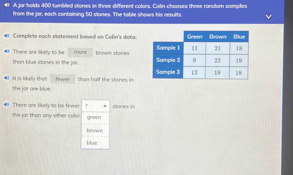 Solved: A jar holds 400 tumbled stones in three different colors. Colin ...