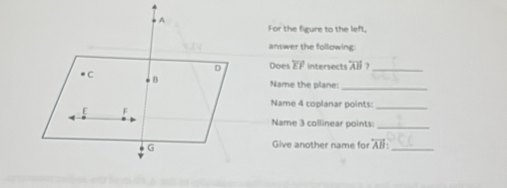 For the figure to the left, 
answer the following: 
Does overleftrightarrow EF intersects overleftrightarrow AB 3_ 
Name the plane:_ 
Name 4 coplanar points:_ 
Name 3 collinear points:_ 
Give another name for overleftrightarrow AB _