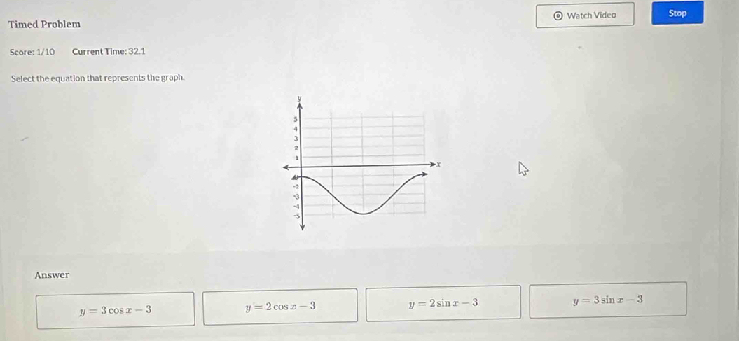 Watch Video
Timed Problem Stop
Score: 1/10 Current Time: 32.1
Select the equation that represents the graph.
Answer
y=2sin x-3
y=3sin x-3
y=3cos x-3
y=2cos x-3