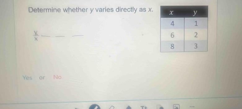 Determine whether y varies directly as x.
Yes or No
..