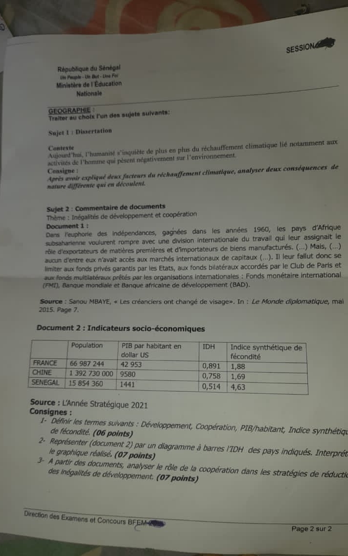 SESSION
République du Sénégal
Un Peuple - Un But - Une Foi
Ministère de l'Éducation
Nationale
GEOGRAPHIE :
Traiter au cholx l'un des sujets suivants:
Sujet 1 : Dissertation
Contexte
Aujourd'hui, l'humanité s'inquiète de plus en plus du réchauffement climatique lié notamment aux
activités de l'homme qui pèsent négativement sur l'environnement.
Consigne :
Après avoir expliqué deux facteurs du réchauffement climatique, analyser deux conséquences de
nature différente qui en découlent.
Sujet 2 : Commentaire de documents
Thème : Inégalités de développement et coopération
Document 1 :
Dans l'euphorie des indépendances, gagnées dans les années 1960, les pays d'Afrique
subsaharienne voulurent rompre avec une division internationale du travail qui leur assignait le
rôle d'exportateurs de matières premières et d'importateurs de biens manufacturés. (...) Mais, (...)
aucun d'entre eux n'avait accès aux marchés internationaux de capitaux (...). Il leur fallut donc se
limiter aux fonds privés garantis par les Etats, aux fonds bilatéraux accordés par le Club de Paris et
aux fonds muitilatéraux prêtés par les organisations internationales : Fonds monétaire international
(FMI), Banque mondiale et Banque africaine de développement (BAD).
Source : Sanou MBAYE, « Les créanciers ont changé de visage». In : Le Monde diplomatique, mai
2015. Page 7.
Document 2 : Indicateurs socio-économiques
Source : L'Année Stratégique 2021
Consignes :
1- Définir les termes suivants : Développement, Coopération, PIB/habitant, Indice synthétique
de fécondité. (06 points)
2- Représenter (document 2) par un diagramme à barres l'TDH des pays indiqués. Interprét
le graphique réalisé. (07 points)
3- A partir des documents, analyser le rôle de la coopération dans les stratégies de réductie
des inégalités de développement. (07 points)
Direction des Examens et Concours BFEM 20
Page 2 sur 2