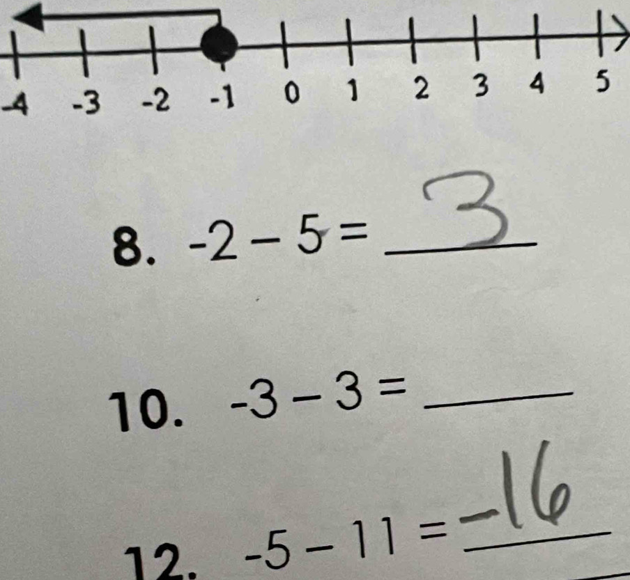 A 
8. -2-5= _ 
10. -3-3= _ 
12. -5-11= _