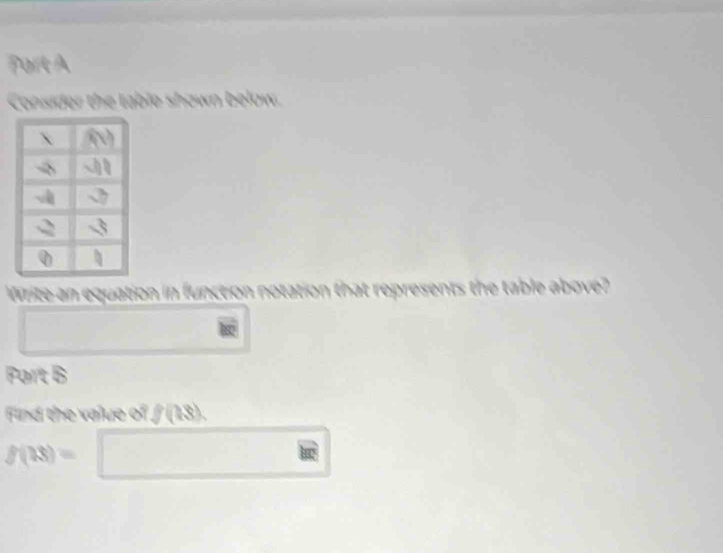 Consider the table shown below. 
Write an equation in function notation that represents the table above? 
Part B 
Find the value of ƒ (13).
f(13)=□