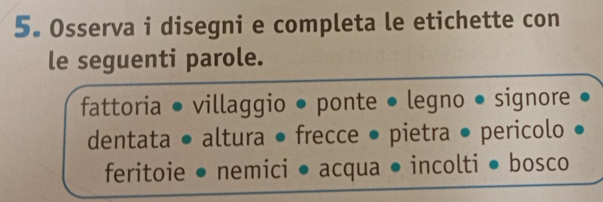 Osserva i disegni e completa le etichette con 
le seguenti parole. 
fattoria • villaggio ● ponte ● legno ● signore 
dentata • altura • frecce • pietra • pericolo 
feritoie nemici • acqua • incolti ● bosco