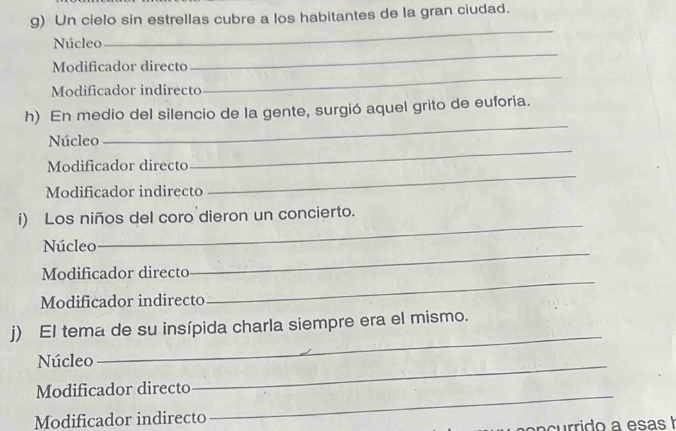 Un cielo sin estrellas cubre a los habitantes de la gran ciudad. 
_ 
_ 
Núcleo 
Modificador directo 
Modificador indirecto 
_ 
h) En medio del silencio de la gente, surgió aquel grito de euforia. 
Núcleo 
_ 
Modificador directo 
_ 
Modificador indirecto 
_ 
_ 
i) Los niños del coro dieron un concierto. 
_ 
Núcleo 
_ 
Modificador directo 
Modificador indirecto 
_ 
j) El tema de su insípida charla siempre era el mismo. 
Núcleo 
Modificador directo 
_ 
Modificador indirecto 
_ 
n c rrido a esas h
