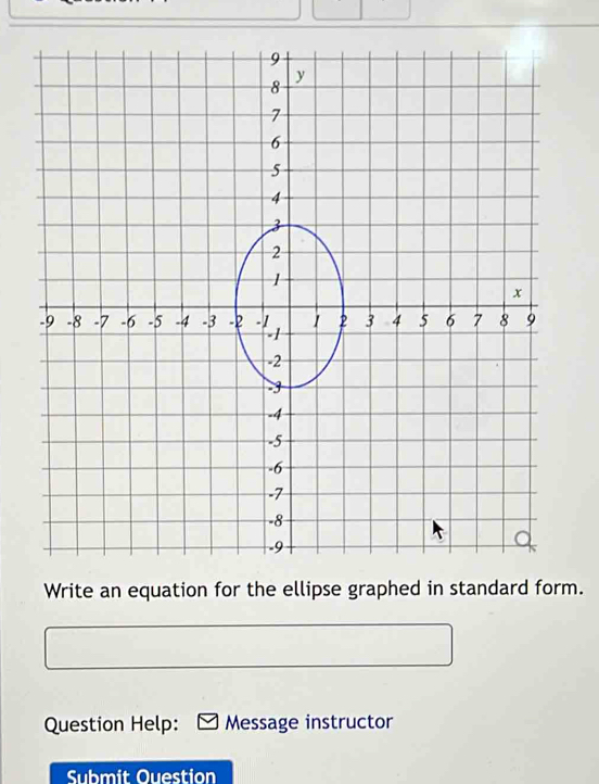 Write an equation for the ellipse graphed in standard form. 
Question Help: Message instructor 
Submit Ouestion