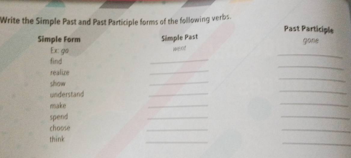 Resuelto:Write the Simple Past and Past Participle forms of the ...