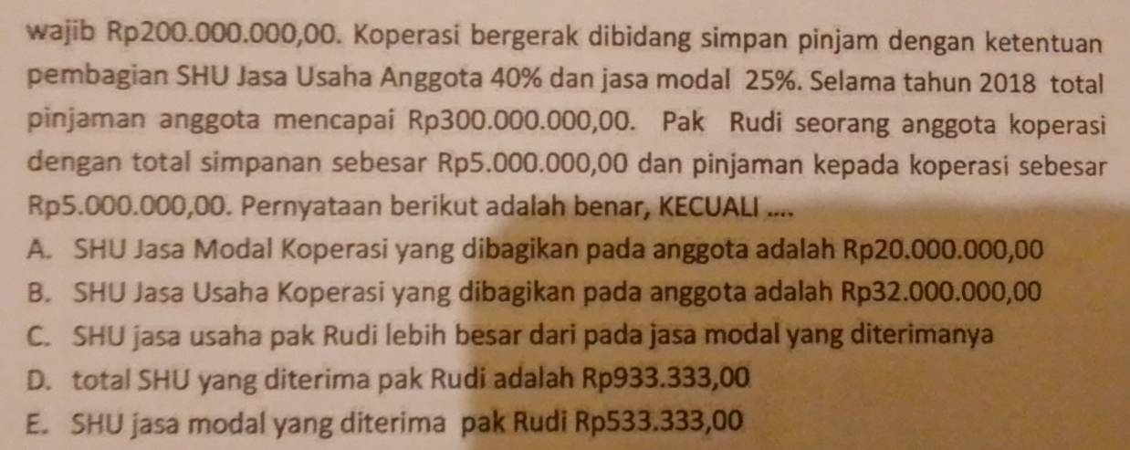 wajib Rp200.000.000,00. Koperasi bergerak dibidang simpan pinjam dengan ketentuan
pembagian SHU Jasa Usaha Anggota 40% dan jasa modal 25%. Selama tahun 2018 total
pinjaman anggota mencapai Rp300.000.000,00. Pak Rudi seorang anggota koperasi
dengan total simpanan sebesar Rp5.000.000,00 dan pinjaman kepada koperasi sebesar
Rp5.000.000,00. Pernyataan berikut adalah benar, KECUALI ....
A. SHU Jasa Modal Koperasi yang dibagikan pada anggota adalah Rp20.000.000,00
B. SHU Jasa Usaha Koperasi yang dibagikan pada anggota adalah Rp32.000.000,00
C. SHU jasa usaha pak Rudi lebih besar dari pada jasa modal yang diterimanya
D. total SHU yang diterima pak Rudi adalah Rp933.333,00
E. SHU jasa modal yang diterima pak Rudi Rp533.333,00