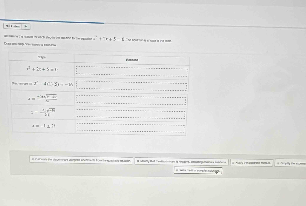 Listen >
Determine the reason for each step in the solution to the equation x^2+2x+5=0 The equation is shown in the table.
Drag and drop one reason to each box.
:: Calculate the discriminant using the coefficients from the quadratic equation. :: Identify that the discriminant is negative, indicating complex solutions. #: Apply the quadratic formula. = Simplify the express
# Write the final complex solutings.