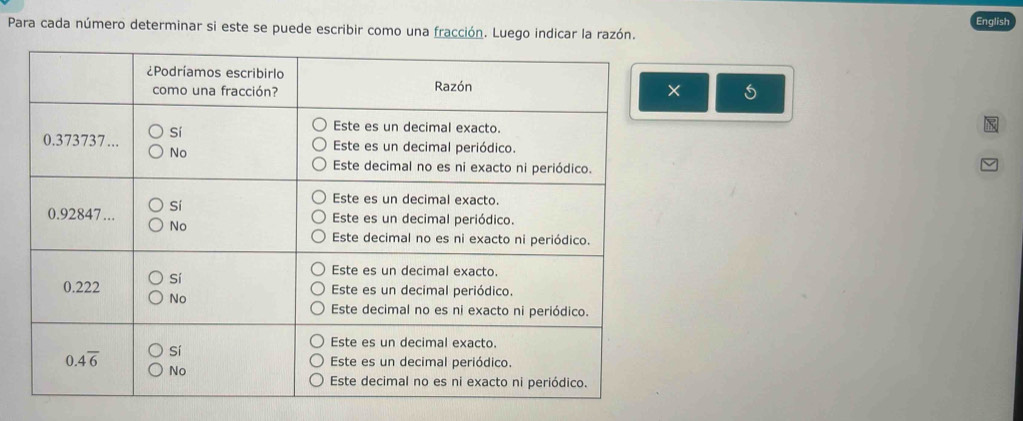 Para cada número determinar si este se puede escribir como una fracción. Luego indicar la razón. English
5