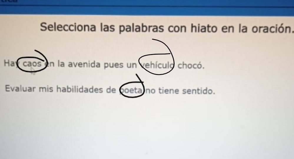 Selecciona las palabras con hiato en la oración. 
Hay caos en la avenida pues un vehículo chocó. 
Evaluar mis habilidades de poeta no tiene sentido.