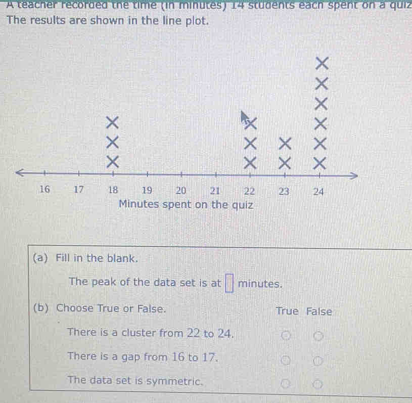 A teacher recorded the time (in minutes) 14 students each spent on a quiz
The results are shown in the line plot.
×
Minutes spent on the quiz
(a) Fill in the blank.
The peak of the data set is at □ minutes.
(b) Choose True or False. True False
There is a cluster from 22 to 24.
There is a gap from 16 to 17.
The data set is symmetric.