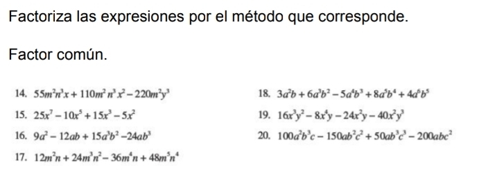 Factoriza las expresiones por el método que corresponde. 
Factor común. 
14. 55m^2n^3x+110m^2n^3x^2-220m^2y^3 18. 3a^2b+6a^3b^2-5a^4b^3+8a^5b^4+4a^6b^5
15. 25x^7-10x^5+15x^3-5x^2 19. 16x^3y^2-8x^4y-24x^2y-40x^2y^3
16. 9a^2-12ab+15a^3b^2-24ab^3 20. 100a^2b^3c-150ab^2c^2+50ab^3c^3-200abc^2
17. 12m^2n+24m^3n^2-36m^4n+48m^5n^4