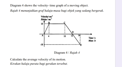 Diagram 4 shows the velocity- time graph of a moving object.
Rajah 4 menunjukkan graf halaju-masa bagi objek yang sedang bergerak.
Velocity ms^4
Diagram 4 / Rajah 4
Calculate the average velocity of its motion.
Kirakan halaju purata bagi gerakan tersebut