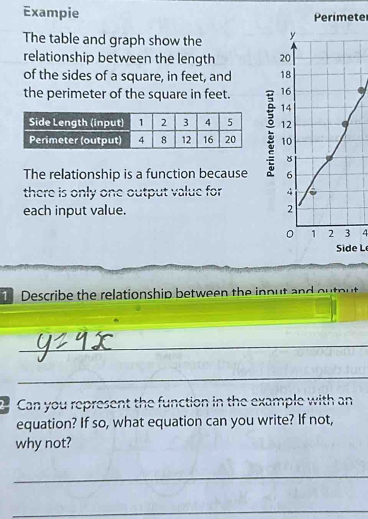 Exampie Perimeter 
The table and graph show the 
y 
relationship between the length 20
of the sides of a square, in feet, and 18
the perimeter of the square in feet. 16
14
12
10
8
The relationship is a function because 6
there is only one output value for 4
each input value. 2
1 2 3 4
Side L 
Describe the relationship between the input and ou t p ut 
_ 
_ 
_ 
_ 
__ 
Can you represent the function in the example with an 
equation? If so, what equation can you write? If not, 
why not? 
_ 
_