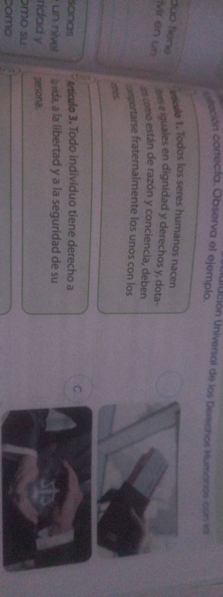 uración Universal de los Derechos Humanos con la 
esteción correcta. Observa el ejemplo. 
xule 1. Todos los seres humanos nacen 
duo fiene 
ivir en un 
hese iguales en dignidad y derechos y, dota- 
s como están de razón y conciencia, deben 
mportarse fraternalmente los unos con los 
amos. 
sonas Artículo 3. Todo individuo tiene derecho a 
C 
un nivel la vida, a la libertad y a la seguridad de su 
ridad y persona. 
ɔmo su 
como