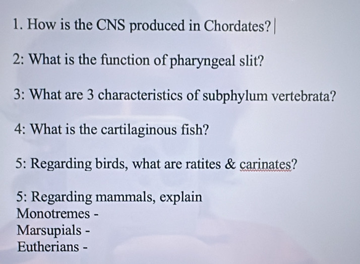 How is the CNS produced in Chordates? 
2: What is the function of pharyngeal slit? 
3: What are 3 characteristics of subphylum vertebrata? 
4: What is the cartilaginous fish? 
5: Regarding birds, what are ratites & carinates? 
5: Regarding mammals, explain 
Monotremes - 
Marsupials - 
Eutherians -