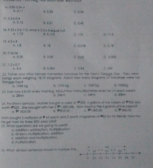 9w wkg, how much đomt sach buy 
16. 0.8* 0.3=n
A. 0.11 B. 0.20 C. 0.24
17. 0.3* 0.4
A. 0.12 B. 0.21 C. 0,40
18.If 23* 5 is 115, what is 2.3* 5 equal to?
A. 1.15 B. 0.115 C. 115 D. 11.5
19. 4.5* 4
A. 1.8 B. 18 C. 0.018 D. 0.18
20. 0.5x.06
A. 0.30 B. 3.00 C. 0.03 D. 0.003
21. 1.2* 0.7
A. B. 4 B. 0.084 C. 0.84 D. 840
22. Father and other farmers harvested tomatoes for the town's Tlangge Day. They were
kaings each weighing 18.75 kilograms. About how many kilograms of tomatoes were har
Tiangge Day? d. 1083kg
a. 1048 kg b. 1045 kg c. 1060 kg
23. Ivan runs 4.8 km every morning. About how many kllometres does he run each week?
a. 28km b. 34km c. 24km d. 30km
24. For Rina's birthday, Mother bought a cake of P200, 4 gallons of ice cream at P350 eac
worth P225. She brought with her 2 P1,000 bills. How much is the 4 gallons of ice cream
a. P1825.00 b. P825.00 c. P1400.00 d. P 800.00
Alvin bought 3 wattpad at P 65 each and 2 sports magazines at P85 for his friends, How mus
he get from his three 500- peso bills?
25. What operations are we going to used?
a. addition, subtraction, multiplication
b. division, multiplication, addition
c. addition and multiplication
d. multiplication
26. What division sentence shown in number lin