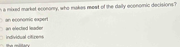a mixed market economy, who makes most of the daily economic decisions?
an economic expert
an elected leader
individual citizens
the military