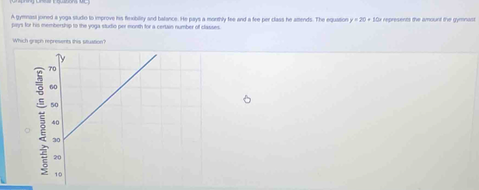 (Chprn) Crsis Equatons dC) 
A gymnast joined a yoga studio to improve his flexibility and balance. He pays a monthly fee and a fee per class he attends. The equation y=20+10x represents the amount the gymnast 
pays for his membership to the yoga studio per month for a certain number of classes. 
Which graph represents this situation?