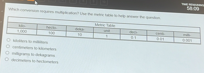 a 9 10 TIME REMAINING
58:09
Which conversion requires multiplication? Use the metric tabl
centimeters to kilometers
milligrams to dekagrams
decimeters to hectometers