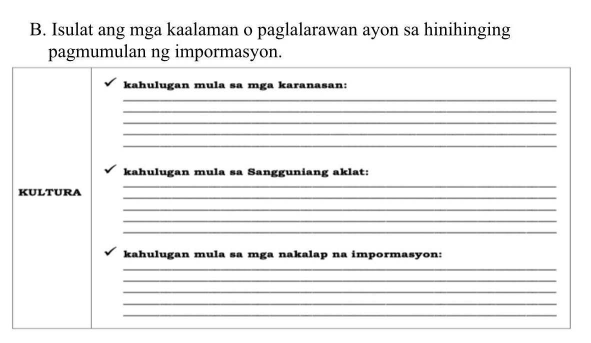 Isulat ang mga kaalaman o paglalarawan ayon sa hinihinging 
pagmumulan ng impormasyon. 
kahulugan mula sa mga karanasan: 
_ 
_ 
_ 
_ 
_ 
kahulugan mula sa Sangguniang aklat: 
_ 
_ 
KULTURA 
_ 
_ 
_ 
kahulugan mula sa mga nakalap na impormasyon: 
_ 
_ 
_ 
_ 
_