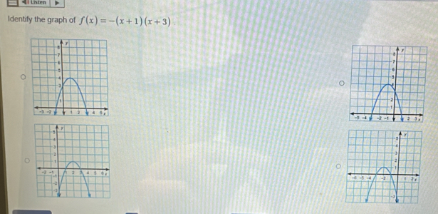 = Listen 
Identify the graph of f(x)=-(x+1)(x+3)