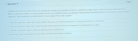 Forelimbe for at the function of the neck and thoracic versebrae, the position of which is contolled by HoxC- 6 gemes. Several kinds of vertebrates from
dimerent classes are lmblew, including libless Fards, and amphiblaes known as caecilians. All descended from timbed forms. On the basis of recent research
in genetics, what would you conclide about the tunceroning of fleir HewC a genes?
○ The aite of expriession of their Hor o geses would be the same as that ot himhed vertebraties but is simply tursed off early in eevelopment
The sits of e spreusian of tee How, A genes now have moved antesonis aml tke level of eaanssaion ius eheninated the nece repon
The effect of the NoxE-I gone is nadked by another gone that i doniant to i
Their How woere has murated and urves a diffesont fundian tianin amber sertearster