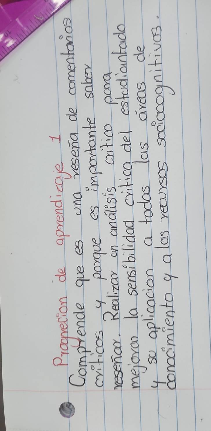 Progretion de aprendizae 1 
Comprende gue es una resena de comentonios 
cviticos y porque es importante saber 
har. Realizar on analisis critico para 
mejoran la sensibilidad crilica del estodiantada 
y so aplicacion a todas las areas de 
concoimiento g a las reursos sociocognitivas.