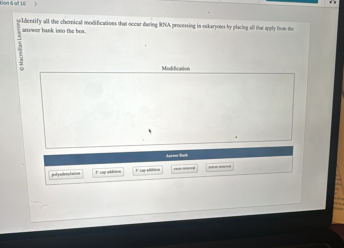 tion 6 of 10 
(y 
≌Identify all the chemical modifications that occur during RNA processing in eukaryotes by placing all that apply from the 
answer bank into the box. 
Modification 
Answer Bank 
polyadenylation 5' cap addition 3' cap addition exon removal intron removal 
of op 
n