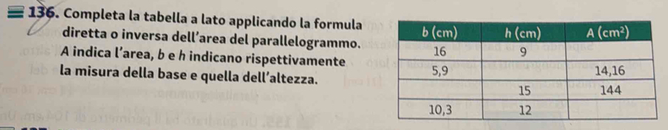 Completa la tabella a lato applicando la formula
diretta o inversa dell’area del parallelogrammo.
A indica l’area, b e h indicano rispettivamente
la misura della base e quella dell’altezza.