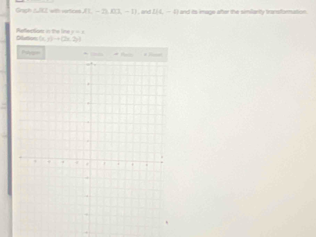 Graçh △ JKI with veritices A(,-2),00,-1) ,, and L(4,-4) and its image after the similanty transformation. 
Reflections in the line y=x
Dlutions (x,y)to (2x,2y)
Palygon
-6