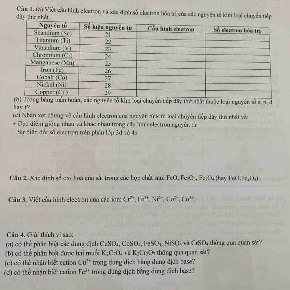 Viết cầu hình electron và xác định số electron hóa trị của các nguyên tố kim loại chuyến tiếp 
dãy thứ nhất. 
s, p, d
hay f? 
(c) Nhận xét chung về cầu hình electron của nguyên tử kim loại chuyền tiếp dãy thứ nhất về: 
+ Đặc diểm giồng nhau và khác nhau trong cầu hình electron nguyên tử 
+ Sự biến đổi số electron trên phân lớp 3d và 4s 
Câu 2. Xác định số oxi hoá của sắt trong các hợp chất sau: FeO, Fe_2O_3, ,Fe_3O_4 (hay FeO.Fe_2O_3). 
Câu 3. Viết cấu hình electron của các ion: Cr^(2+), Fe^(2+), Ni^(2+), Co^(2+), Co^(3+). 
Câu 4. Giải thích vì sao: 
(a) có thể phân biệt các dung dịch CuSO_4, CoSO_4, FeSO_4, NiSO_4 và CrSO_4 thông qua quan sát? 
(b) có thể phân biệt được hai muối K_2CrO_4 và K_2Cr_2O_7 thông qua quan sát? 
(c) có thể nhận biết cation Cu^(2+) trong dung dịch bằng dung dịch base? 
(d) có thể nhận biết cation Fe^(3+) trong dung dịch bằng dung dịch base?