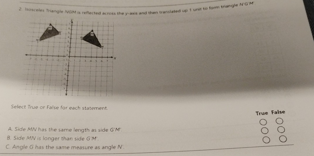 Isosceles Triangle NGM is reflected across the y-axis and then translated up 1 unit to form triangle N'G'M'.
Select True or False for each statement.
True False
A. Side MN has the same length as side G'M'.
B. Side MN is longer than side G'M'.
C. Angle G has the same measure as angle N '.