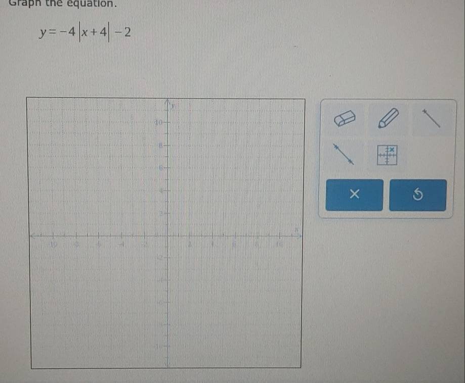 Graph the equation.
y=-4|x+4|-2
×
6