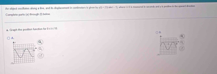 An object oscillates along a line, and its displacement in centimeters is given by y(t)=23(sin t-1) , where t ≥ 0 is measured in seconds and y is positive in the upward direction 
Complete parts (a) through (f) below 
a. Graph the position function for 0≤ t≤ 10
B. 

A. 
B